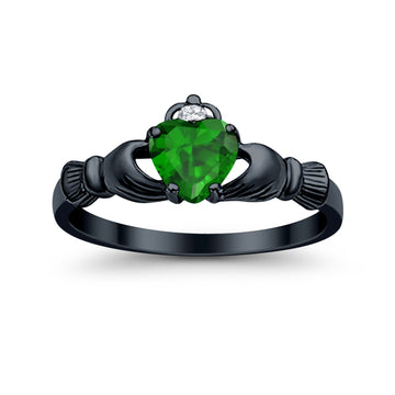 Claddagh Heart Promise Ring Simulated Green Emerald Black Tone 925 Sterling Silver